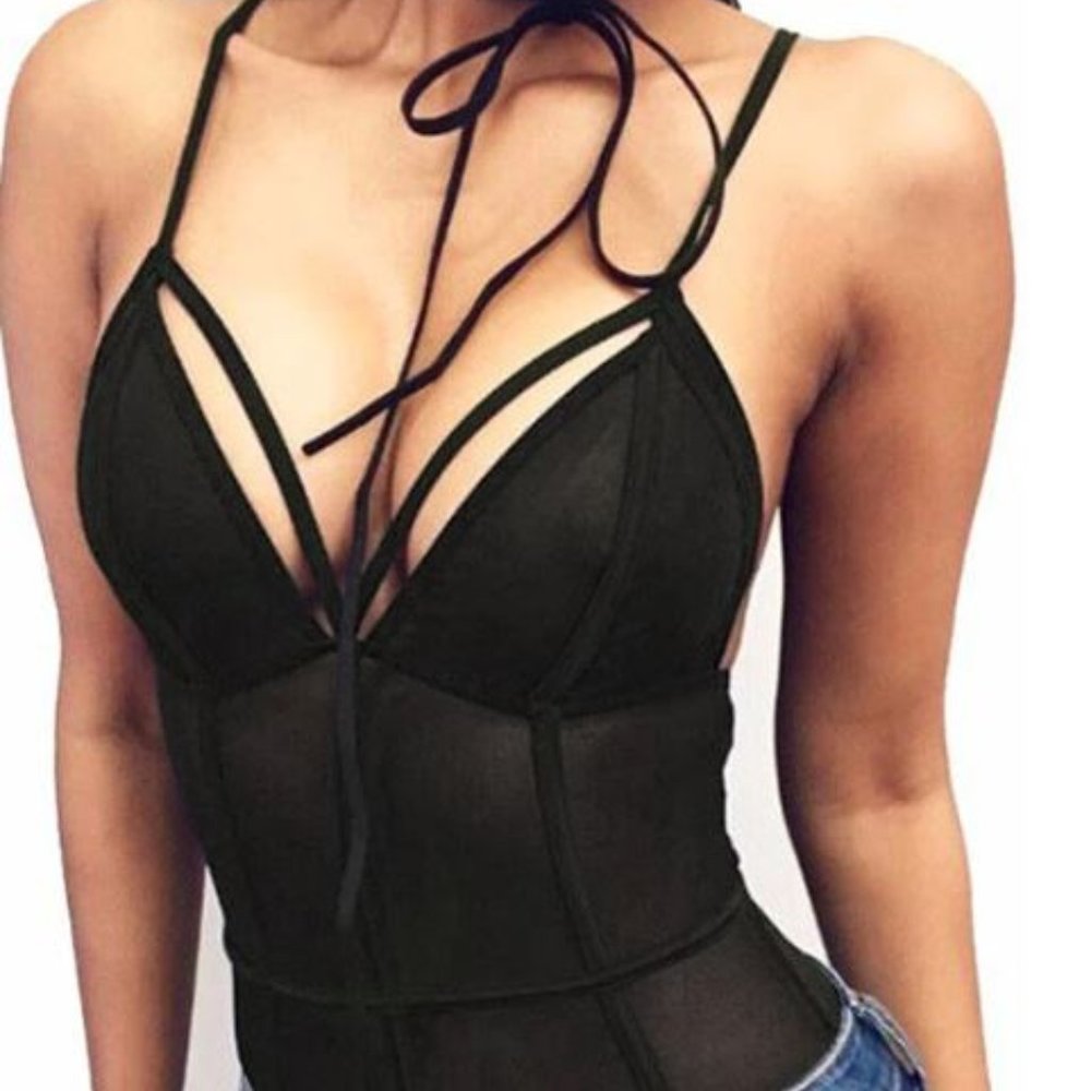 NEW NWT SOFT V-Neck Black Sheer Strappy Bodysuits